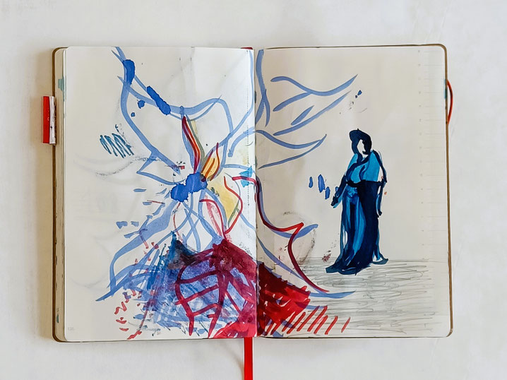 SKETCHBOOK 2023. Christmas Star & Betty Amongi in Blue. Series of colour drawings