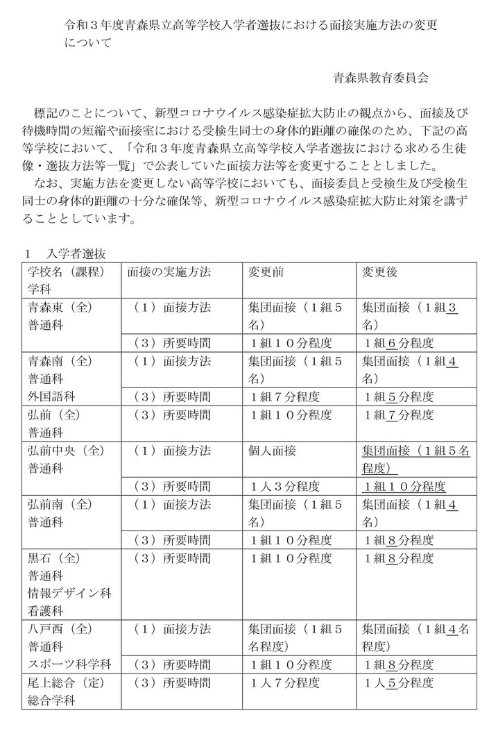 青森県立高校入試面接実施方法変更