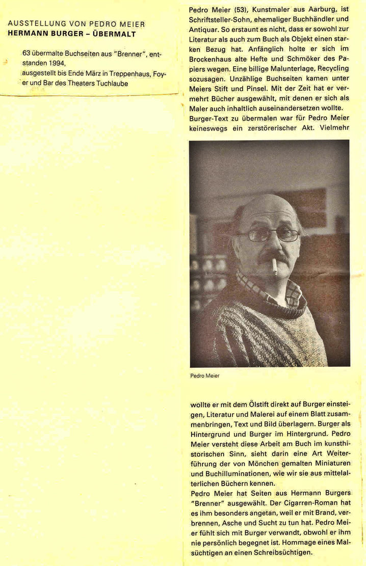 Pedro Meier – Theater Tuchlaube Aarau Ausstellung »Hermann Burger–Übermalt« 1994 – (Text: Aargauer Zeitung, Hannes Schmidt) – 63 übermalte Buchseiten aus dem Roman »Brenner« Ölstift mit collagierten Cuba Zigarren-Bauchbinden – Pedro Meier SIKART Zürich   