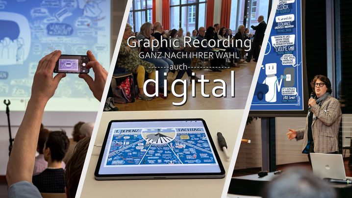 Teilnehmende fotografieren das Graphic Recording, das groß auf die Beamerleinwand projiziert wird, Digitales Graphic Recording lenkt nicht ab, wenn es unauffällig neben der Bühne mit dem Tablet angefertigt wird. Graphic Recorder präsentiert beim Wrap-Up.