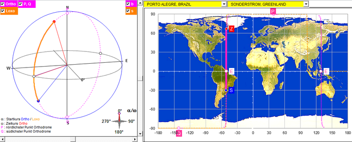 Orthodrome und Loxodrome für den Weg von Porto Alegre nach Sonderstrom