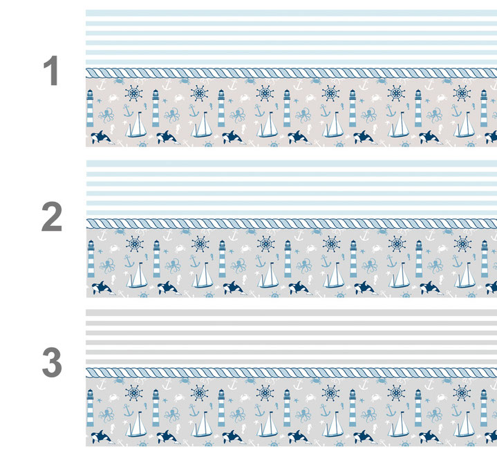 selbstklebende Vliesbordüre mit maritimen Motiven - Steuerrad, Leuchtturm, Segelboot, Anker, Seepferd, Orka, Krake, Seestern, Krabbe, in den Farben blau, grau und weiß