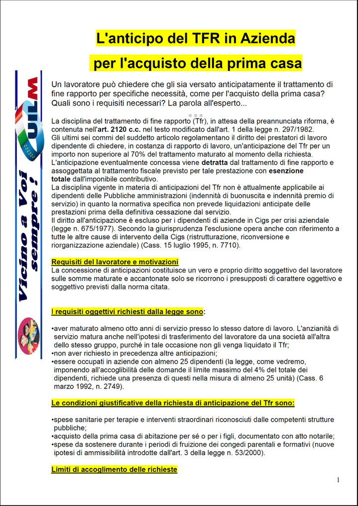 ANTICIPAZIONE TFR / LIQUIDAZIONE - Uilm Provincia di Cuneo