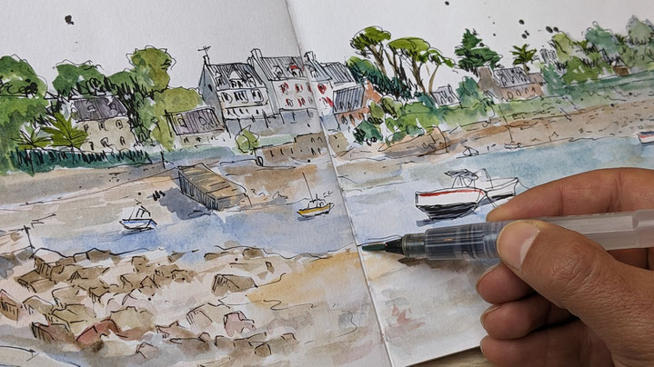 carnet de voyage bord de mer bateau aquarelle artiste main dessin