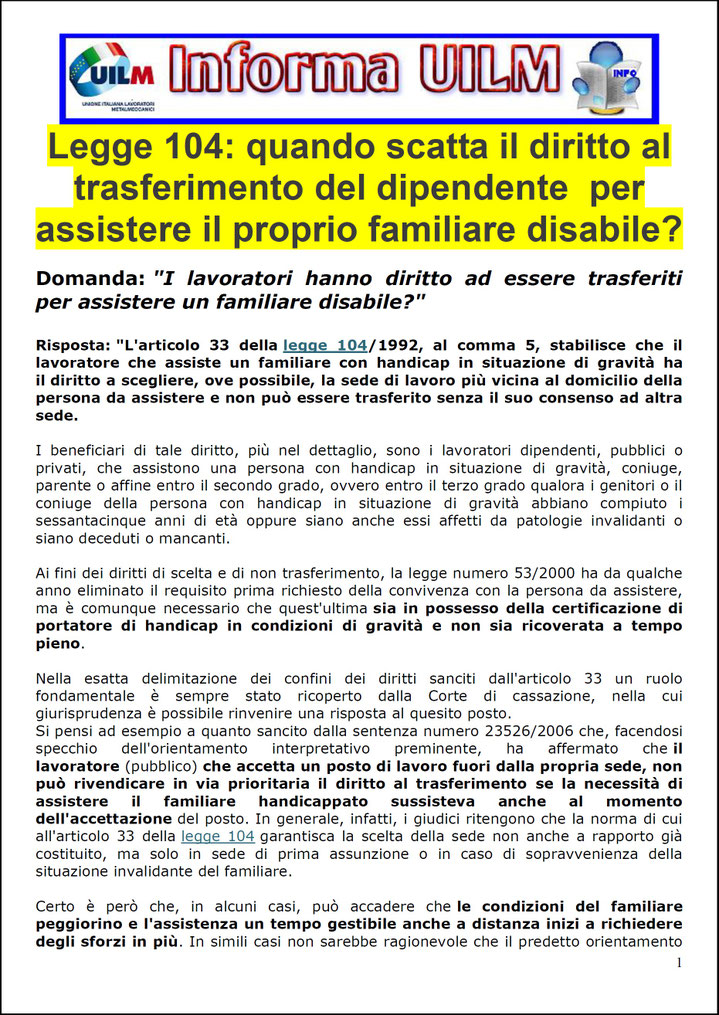 LEGGE 104 E DIRITTO AL TRASFERIMENTO DEL DIPENDENTE PER ...