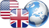 Ein Collage besteht aus drei Anteilen: die US-amerikanische Flagge als Button, die britische Fahne als Button und eine Erdkugel in blau und grau.