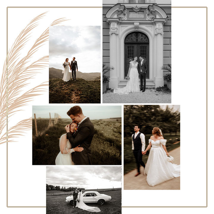 Collage aus Hochzeitsfotos mit Brautpaaren in verschiedenen Momenten und Locations.