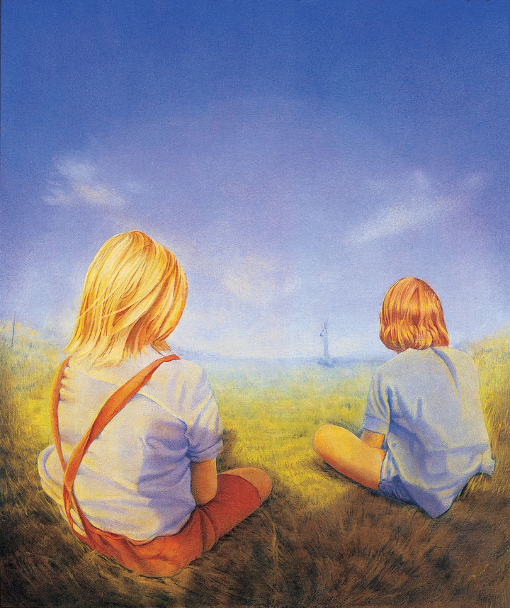 Hanno Karlhuber - Zwei Kinder,  Öl /Tempera auf Holz, 50 x 60 cm, 1989