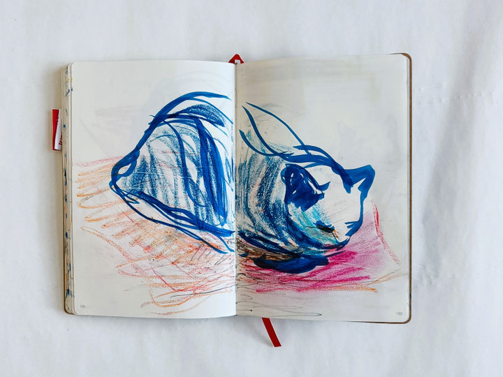 SKETCHBOOK 2023. Blue Cat. Series of colour drawings