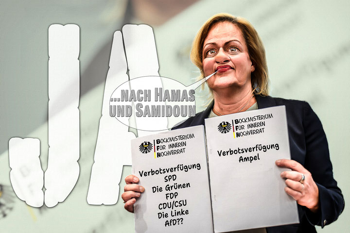 Nancy Faeser, Verbotsverfügung, SPD, Die Grünen, FDP, CDU, CSU, Die Linke, AfD, Deutschland, Politik, Satire, Satiricon
