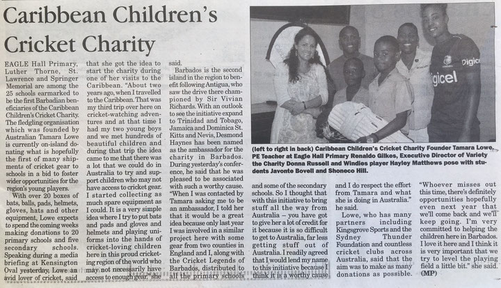 Barbados Advocate article Nov, 2017, explaining the inspiration behind the Children's Cricket Charity. 