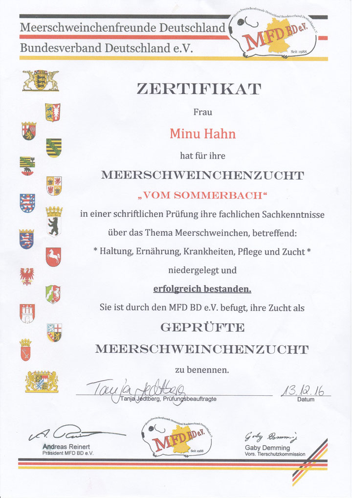 Züchterzertifikat vom 13.12.2016