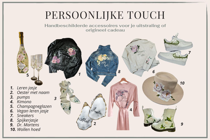 beschilderde items voor bruiloft en bedankjes, relatiegeschenk, jasje, hoed, champagne