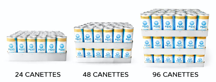 formats conditionnement psio drink 24 48 96 canettes
