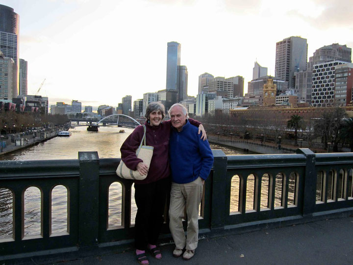 Tom & Cathy standing on Princes Bridge over the Yarra River, Melbourne, Australia - 2011