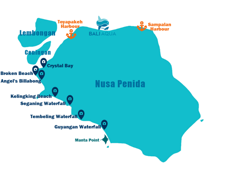 Nusa Penida West Coast highlight map, Crystal bay, Angel's Billabong, Broken Beach, Kelingking, Banah cliff,  Seganing and Tembeling waterfall, Manta point