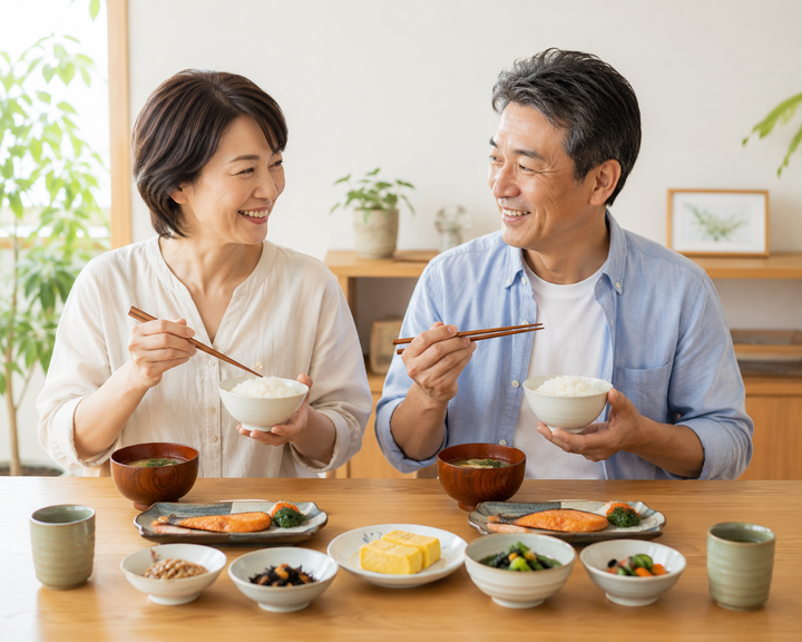 朝食を食べている夫婦