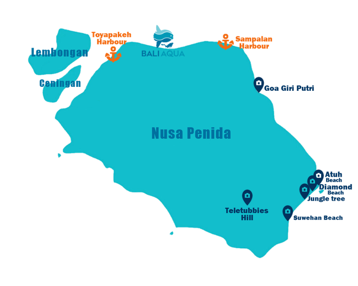 Carte des points d'intérêts à visiter sur la côte Est de Nusa Penida. 