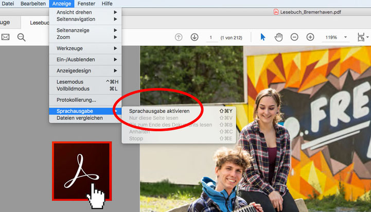 Screenshot: Sprachausgabe im Adobe Acrobat Reader aktivieren