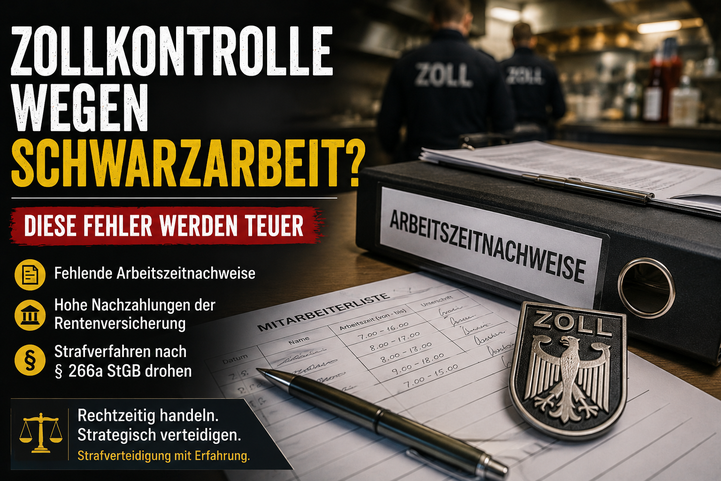Arbeitszeitnachweise, Aktenordner und Zollsymbol als Symbolbild für Ermittlungen wegen Schwarzarbeit und §266a StGB.