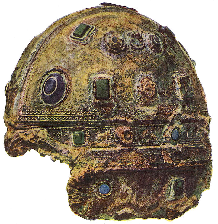 Ein Helm von der pannonischen Reichsgrenze im Nationalmuseum zu Budapest.
