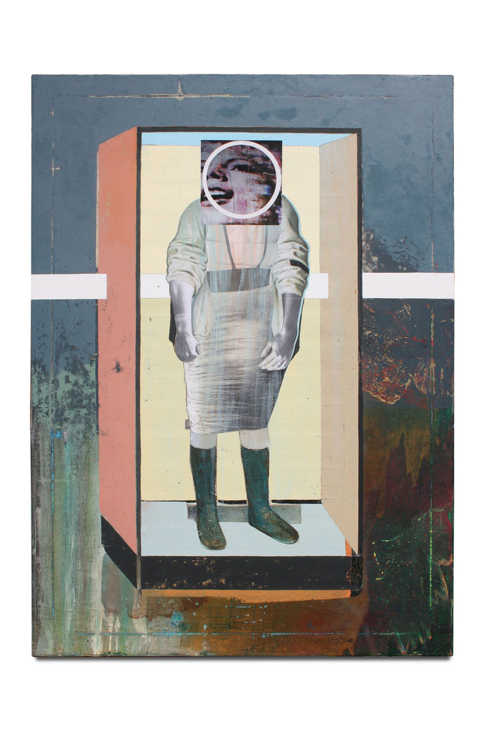  Me In My Box, 2020, Collage, Öl auf Leinwand, 150 x 110 cm