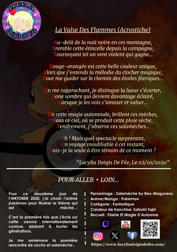 Poème La Valse Des Flammes écrit par Lucylia Doigts De Fée, recueil Féerie et Magie D'Automne pour L'univers de Lucylia, Salamèche, anime Pokemon, inktober 2020