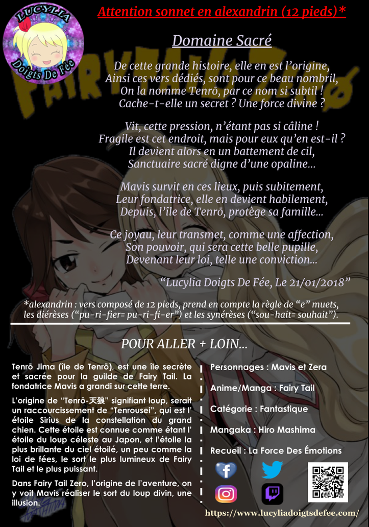 Poème domaine sacré écrit par Lucylia Doigts De Fée, recueil la force des émotions, pour l'Univers de Lucylia, manga Fairy Tail, tenrôjima