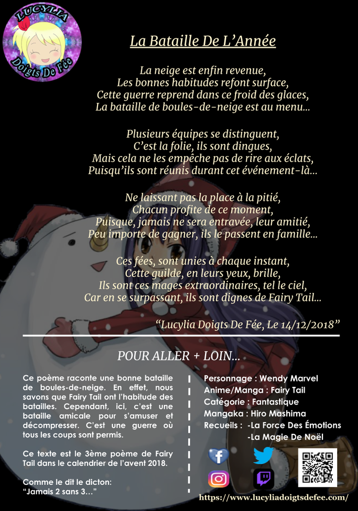Poème la bataille de l'année écrit par Lucylia Doigts De Fée, recueil la force des émotions, et le calendrier de l'avent poétique 2018 pour l'Univers de Lucylia, manga Fairy Tail, wendy marvel