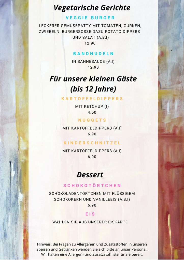Speisekarte Künstlerhaus Lenz, Speisekarte, Gladenbach, Restaurant in Gladenbach, Cafe in Gladenbach, Pension in Gladenbach, Schnitzel, Steak, Salate, Vegetarisch