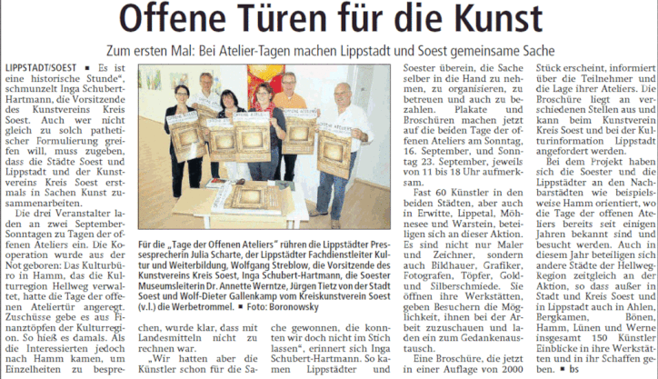 Patriot 25.08.2012: Der Kunstverein Lippstadt hat sein Haus sowohl am Sonntag den 16.09. als auch am Sonntag den 23.09. jeweils von 11.00 bis 18.00 geöffnet.