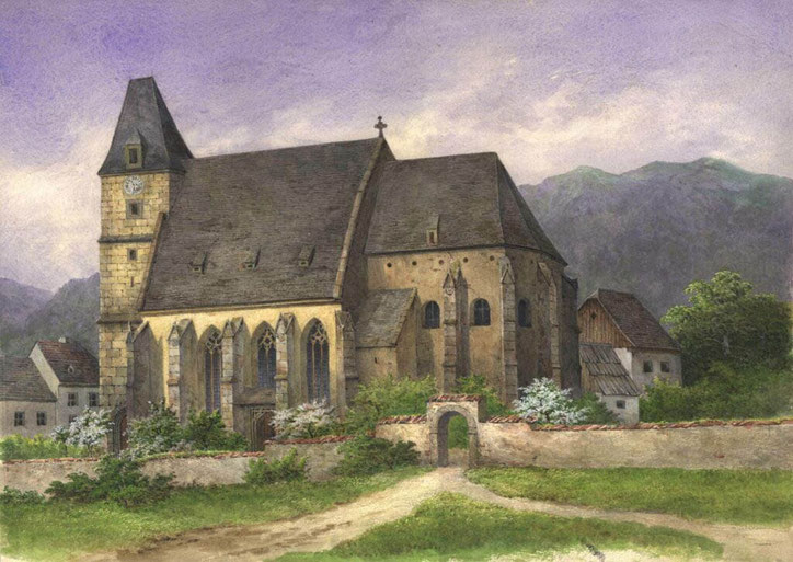 Wallfahrtskirche Maria Laach am Jauerling, Aquarell von Conrad Grefe (*1823 in Wien, †1907 in Tulbing) für sein Mappenwerk „Alt-Oesterreich”, um 1890.