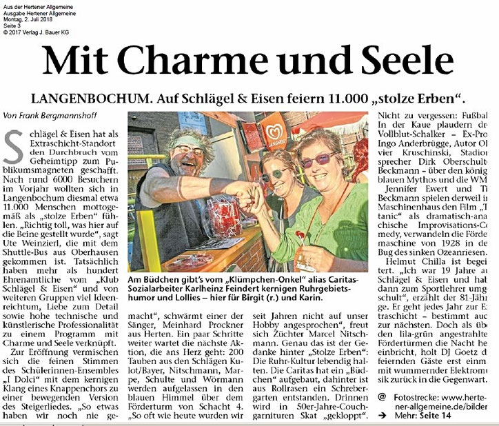 Artikel der Hertener Allgemeine zur Extraschicht 2018