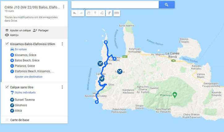 Le schéma laisse penser que nous sommes allés à Balos en voiture, mais Google maps ne permet pas d'indiquer un trajet en bateau !