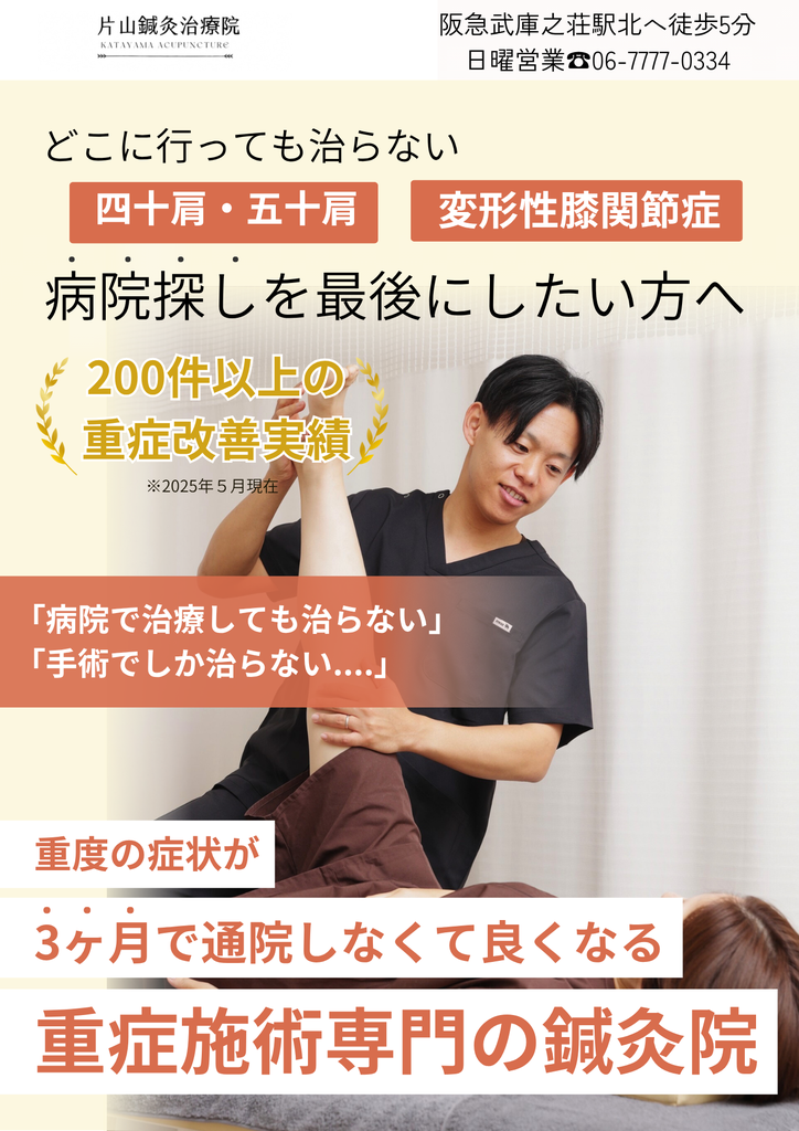 病院では手術を勧められている、マッサージも注射も薬も効かないとお困りのあなたへ。腰痛、ヘルニア、坐骨神経痛、重度の慢性痛、脊柱管狭窄症。変形性膝関節症、膝痛、五十肩、鍼灸治療は試されましたか。土日営業、初回25%OFF、武庫之荘駅徒歩5分。