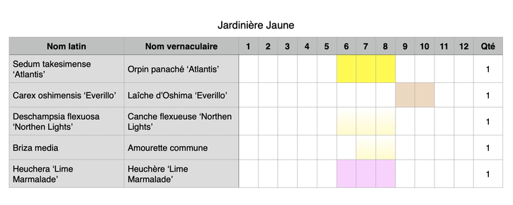 Composition possible pour une jardinière de fleurs jaunes