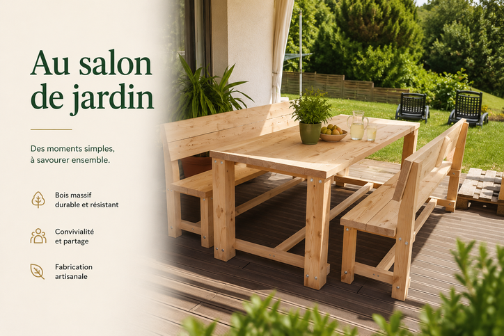 Table contemporaine + 2 bancs avec dossiers 530€ TTC
