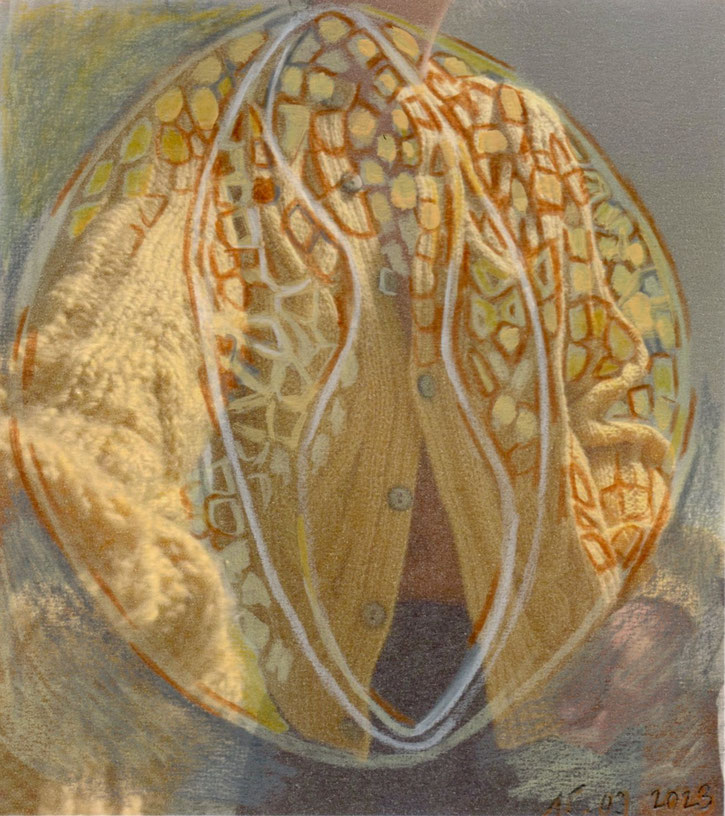 JC FAREY Pollen n°1, 15-09-2023, acrylique et crayons sur impression jet d’encre, 21 x 29,7 cm (détail)
