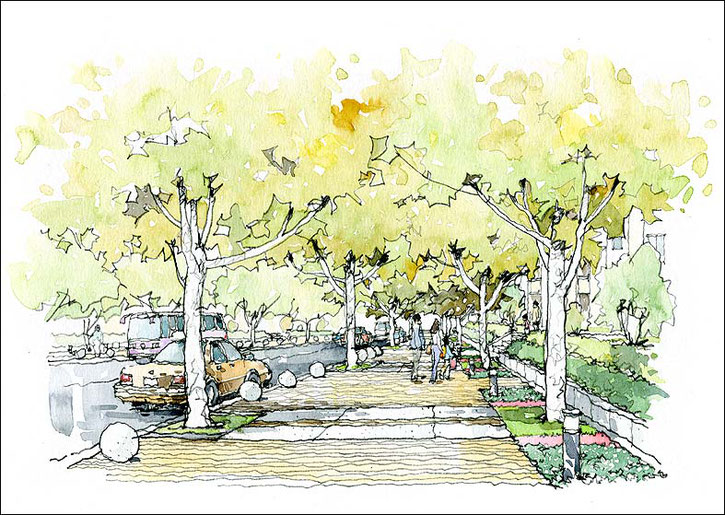 歩道スケッチ　perspective painted with watercolors