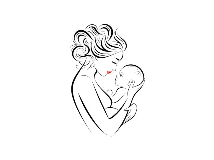 Dibujo de mamá sosteniendo a bebé, en blanco y negro
