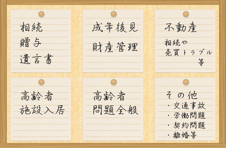 法律問題全般｜相続問題｜贈与問題｜遺言書作成｜成年後見｜財産管理｜不動産相続｜不動産売買トラブル｜高齢者問題｜離婚｜労働問題｜