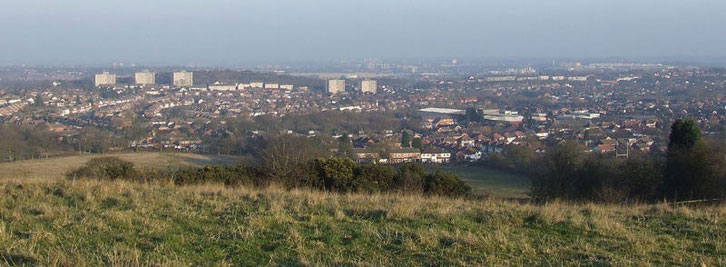 View from the Lickey Hills: Rubery in the centre mid-ground; Rednal to the right; the City Centre on the horizon. Photograph by Oliver Benson on Flickr reused under Creative Commons Licence Attribution-Non-Commercial-Share Alike