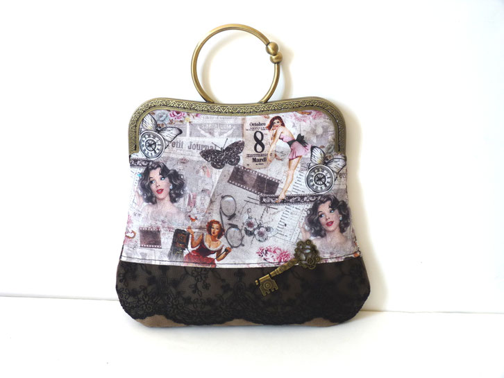 Pochette sac à main fermoir Pin-up steampunk rétro romantique suédine dentelle mariage soirées chics fait main l'Arche de Jessica