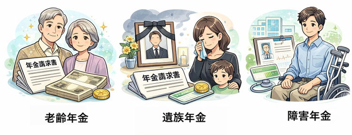 老齢年金・遺族年金・障害年金の請求手続きを表したイメージイラスト｜年金申請を社会保険労務士がサポート