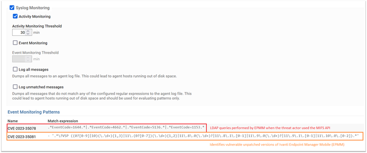 Example of RegEx patterns configured under Syslog monitoring with ISEC7 Sphere