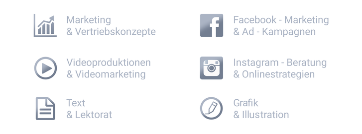 Marketingkonzepte, Vertriebskonzepte, Videoproduktionen, Videomarketing, Text, Lektur, Facebook Marketing, Ad-Kampagnen, Instagram Beratung, Onlinestrategien, Grafik, Illustration