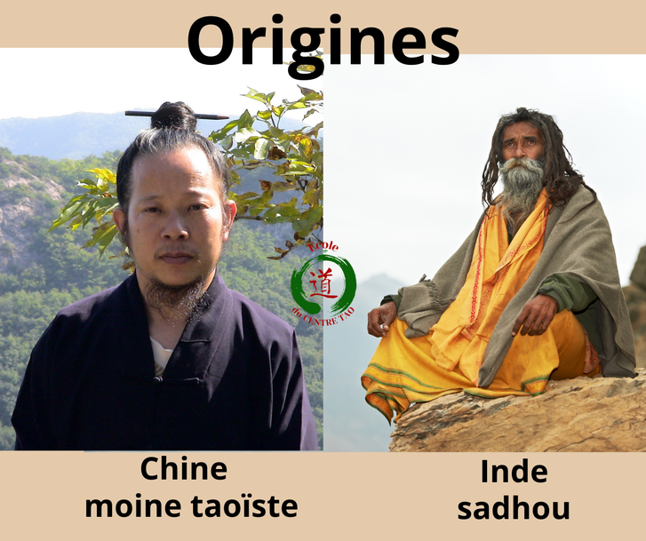Un moine taoïste et un sadhu indien, dans un paysage de montagne.