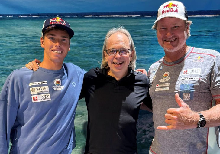 Storck Bicycle und Windsurf-Legende Björn Dunkerbeck starten exklusive EMTB-Partnerschaft / Von links: Liam Dunkerbeck, Markus Storck und Björn Dunkerbeck ©Storck Bicycle