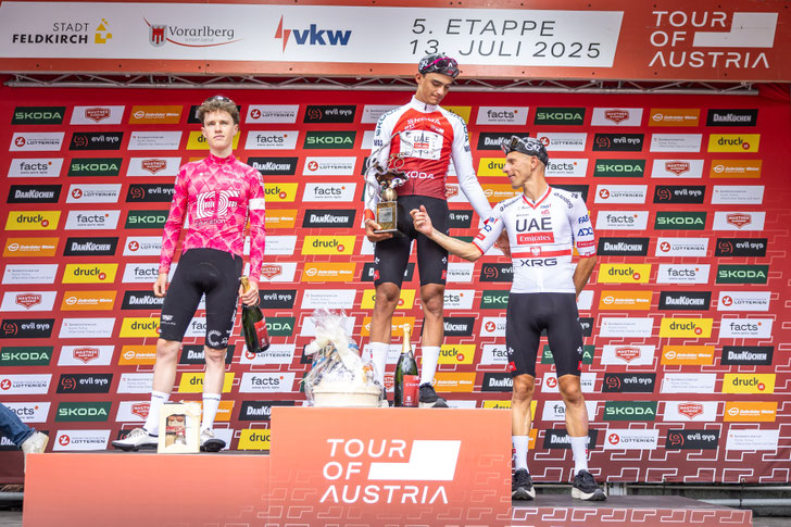 as Podium der Tour of Austria: del Toro vor Ryan und Majka ©EXPA-Pictures