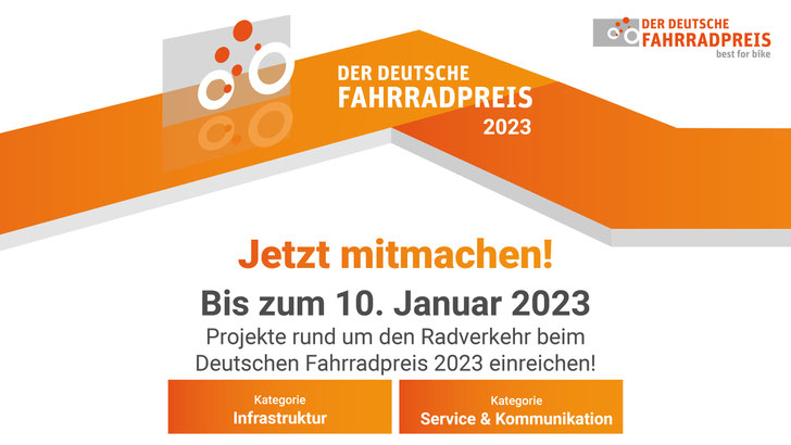 Deutscher Fahrradpreis 2023  — Kreative Ideen in den Kategorien Infrastruktur, Service & Kommunikation gefragt 